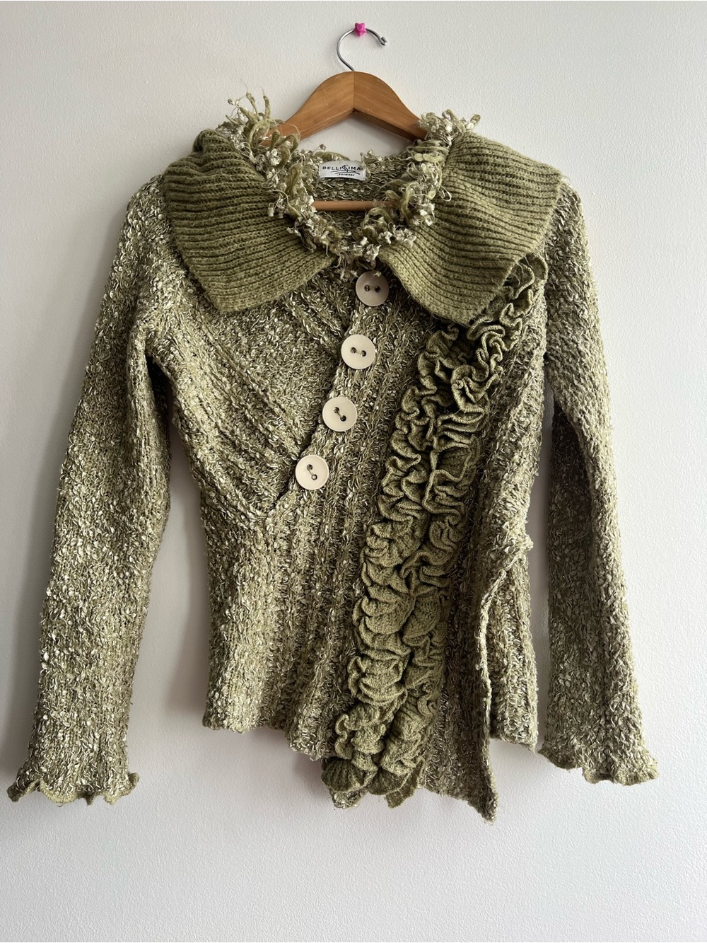 Y2K Fairy Grunge Ruffle Knit Sweater Olive Green Wrap Boho Sz Small